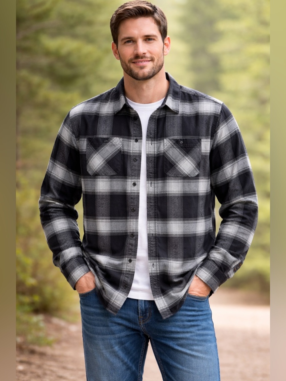 KAVU Men’s Black Gray Plaid Flannel Shirt Sz Large Button Front Stretch Outdoor